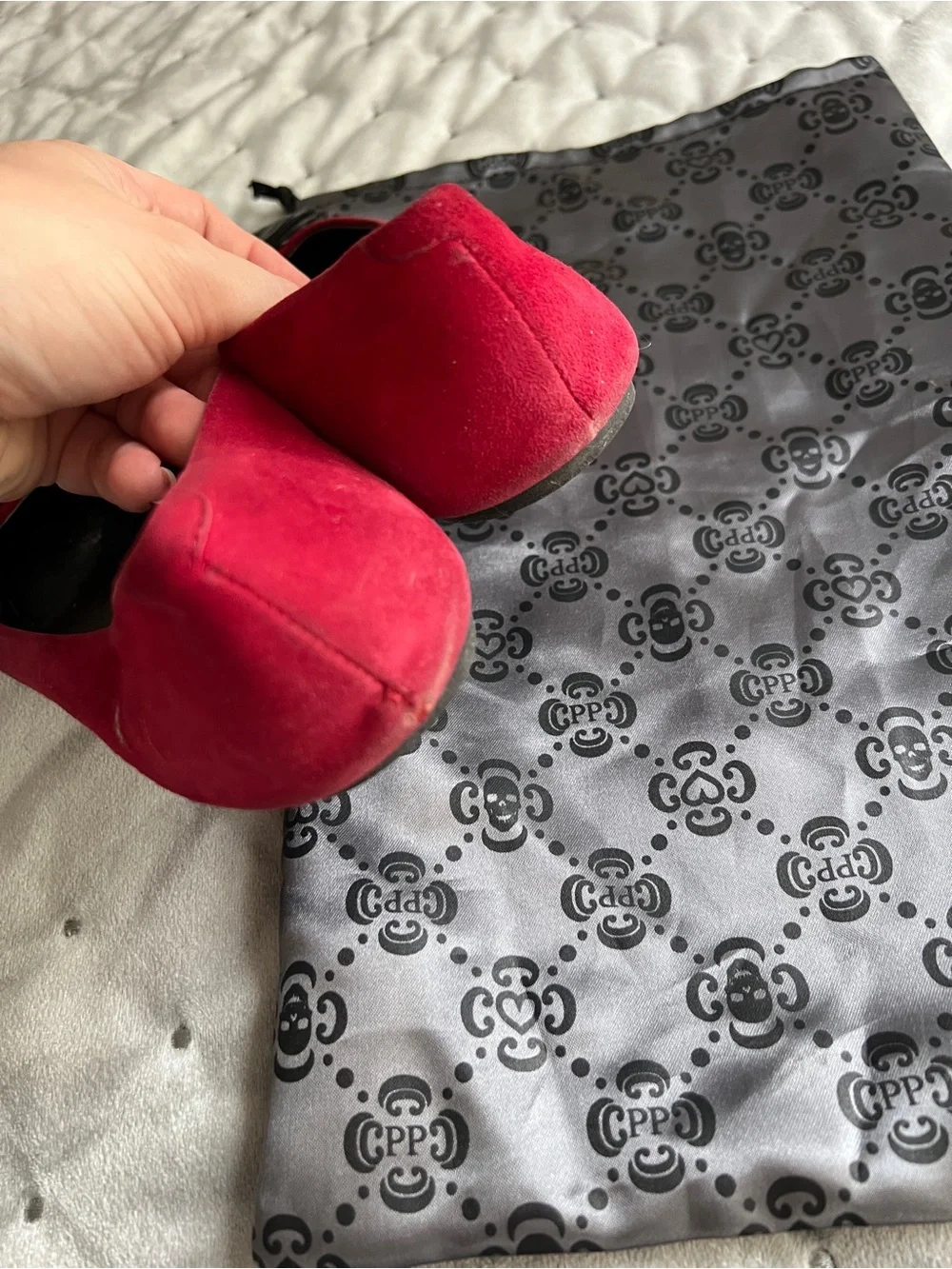 Philipp Plein Red Suede Flats with Black Bow & Skull Accent